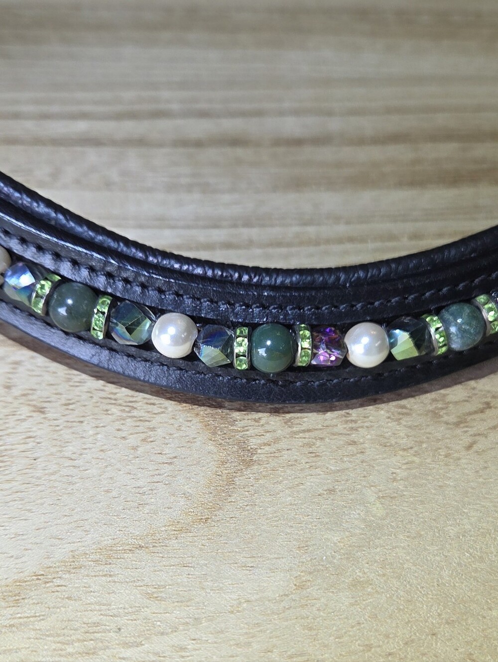 16" Black Padded Leather U Shaped Beaded Browband